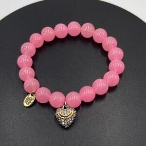 Juicy Couture Pink Beaded Stretch Pave Heart Charm Bracelet Hangtag
